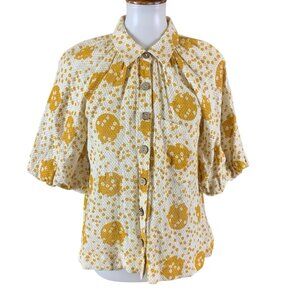 Ivy‎ Jane Yellow White Floral Button Front Blouse Puff Sleeve Cottagecore Small